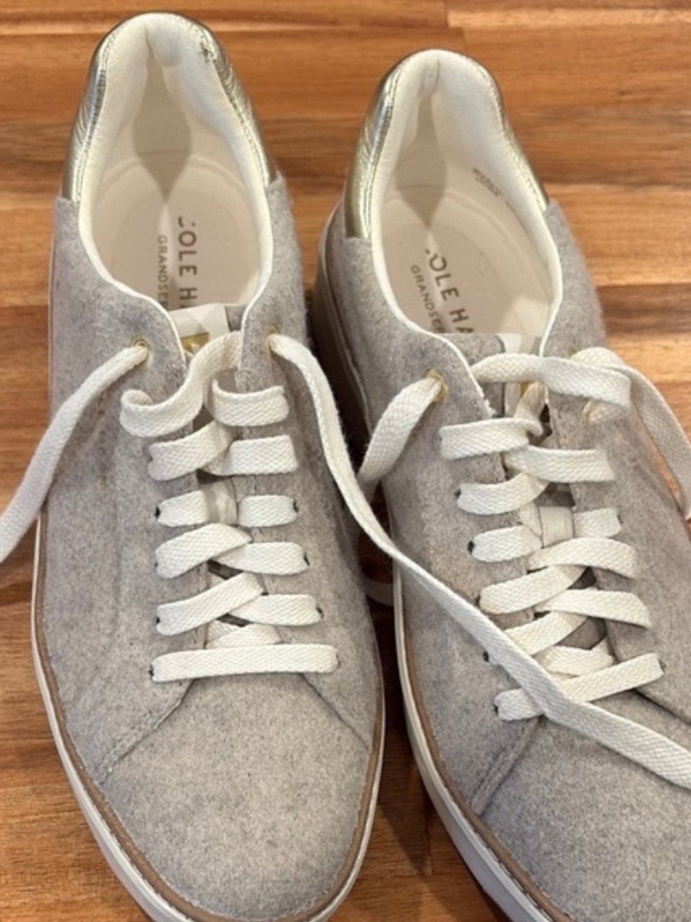 Cole Haan Women's Light Gray Wool Lace-Up Sneakers with Metallic Heel